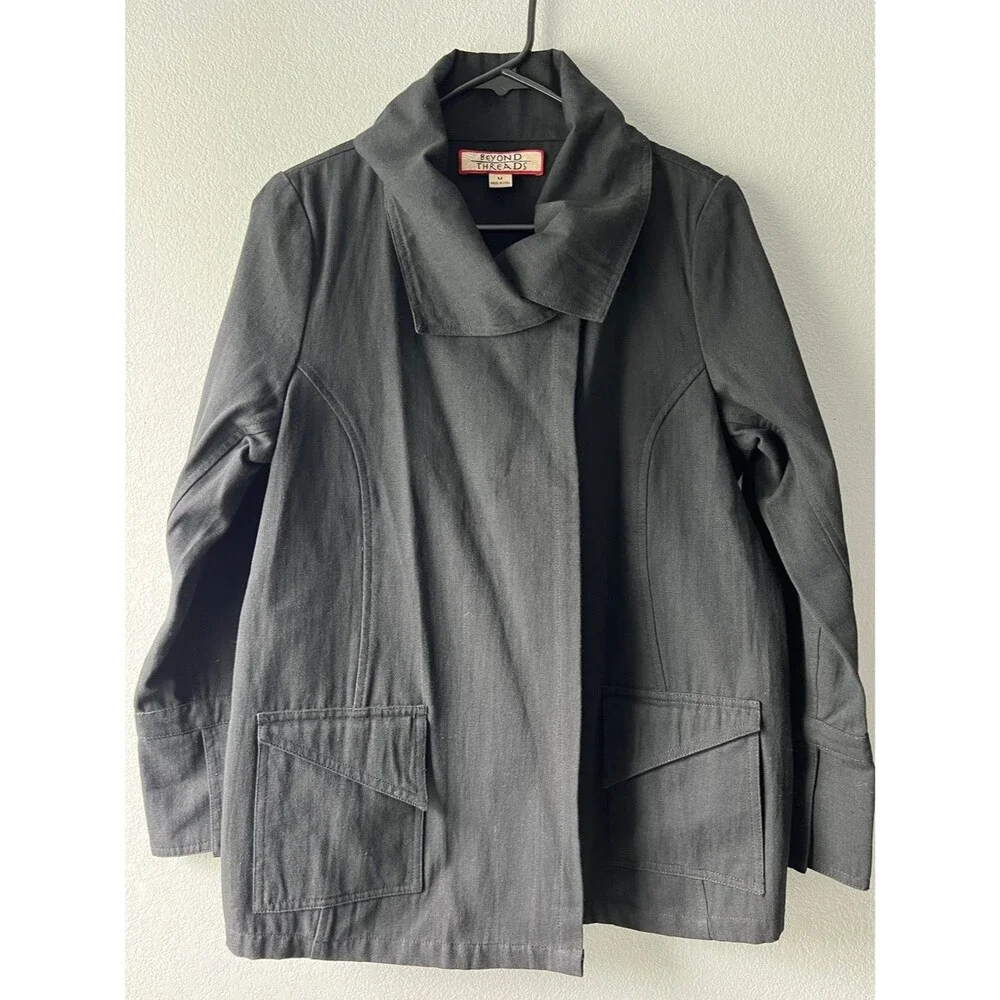 Beyond Threads M Black Cotton Utility Jacket Minimalist Artsy Lagenlook Peru